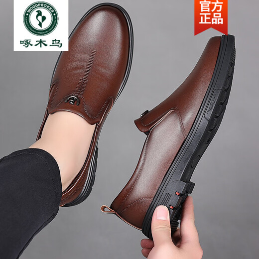 Woodpecker leather shoes for men 2025 spring and autumn genuine leather men's shoes for business casual formal wear British soft sole non-slip middle-aged dad shoes GZ-H6626 black 46