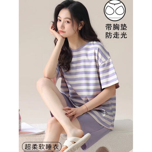 Jingya Brust Pad Pyjamas für Frauen für Sommerdünne Shorts Shorts Eis Seide Runde Hals lässig Heimkleidungsanzug Brustpolster Kühl 12611 L Frauen (95-115jin [Jin gleich 0,5 kg]))