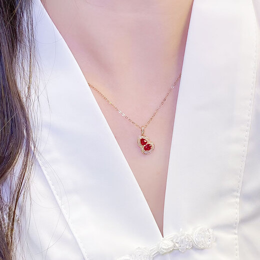 VZZS thickened 18K rose gold natural pigeon blood ruby small gourd pendant red buckle diamond necklace for women red rose gold pendant (free 925 silver chain)
