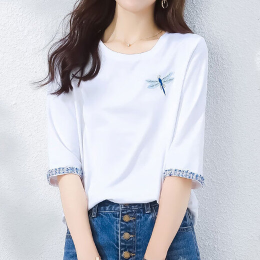 菲洛曼七分袖t恤女款2025新款春秋纯棉七分袖t恤女士中袖宽松设计感青春 W6172冰蓝中袖 M(建议80-105斤) 均码