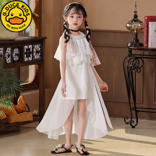 G.DUCKKIDS2025夏季新款女童雪纺裙子洋气时尚儿童气质公主裙女孩沙滩裙凉快 AD9903-白色【圆领挂脖雪纺裙】 120 【适合身高100-110的小朋友
