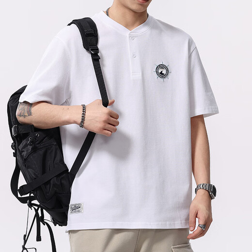 OLJ International Luxury Brand Short Sleeve T-shirt Men's Loose Embroidery Summer 2025 New Micro Loose American Casual Henry Collar White XL