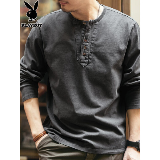 Playboy (PLAYBOY) high-end retro long-sleeved T-shirt men's spring and autumn loose new pure cotton tough guy Henry collar bottoming shirt top 2315 charcoal gray S