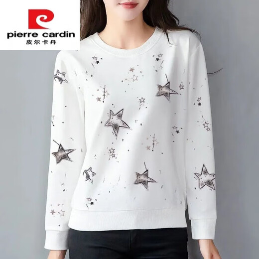皮尔卡丹（pierre cardin）纯棉长袖T恤女秋冬薄款白色印花上衣女士宽松中年大码显瘦外套 E9227羽毛 M 【建议80-95斤】