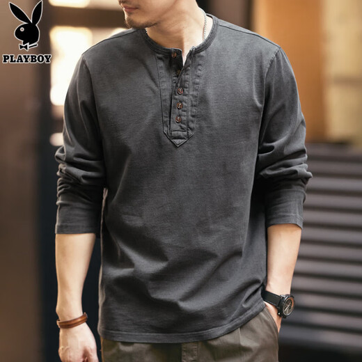 Playboy (PLAYBOY) high-end retro long-sleeved T-shirt men's spring and autumn loose new pure cotton tough guy Henry collar bottoming shirt top 2315 charcoal gray S