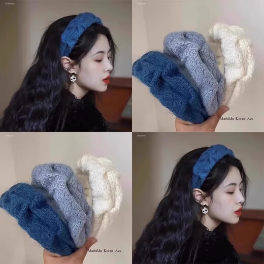 High-ceiling Klein blue woolen hairband pleated women's wide-brimmed autumn and winter new temperament headband face wash hairpin hair accessory_Klein blue