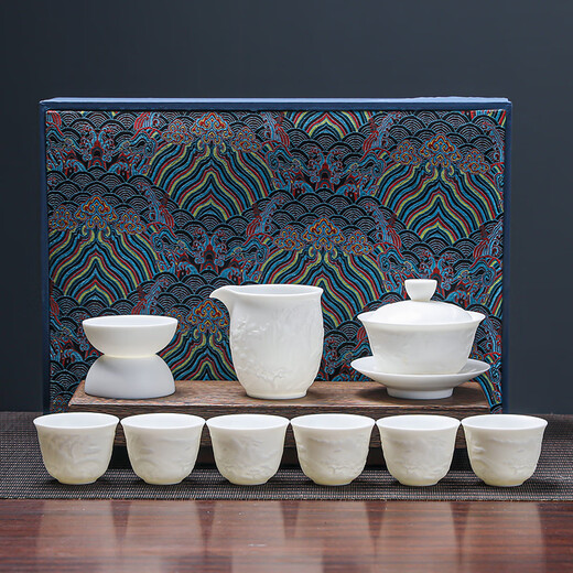 MULTIPOTENT complete tea set mutton fat jade Chinese white relief splendid mountain and river covered bowl 6 cup set gift box gift set