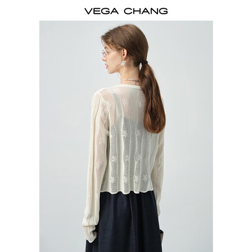 VEGA CHANG毛针织衫女2025新款夏季轻薄短款镂空蕾丝拼接开衫外套 米白色 L