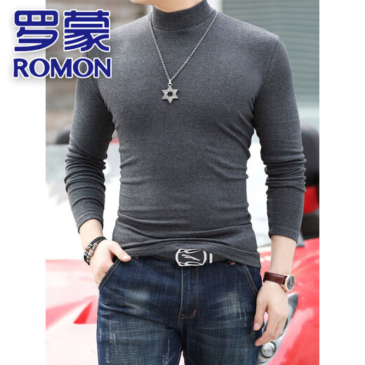 ROMON pure cotton half-high collar men's long-sleeved T-shirt slim-fit thick autumn and winter solid color inner warm tight-fitting bottoming shirt top Brown XL 140Jin Jin equals 0.5kg, left and right