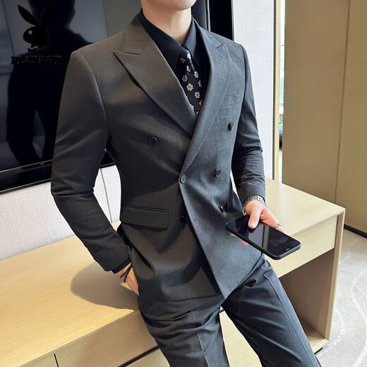 Playboy (PLAYBOY) high-end suit men's suit business casual British style groom wedding dress slim formal suit three-piece suit gray double-breasted suit + trousers XL (125-140Jin Jin equals 0.5 kg)