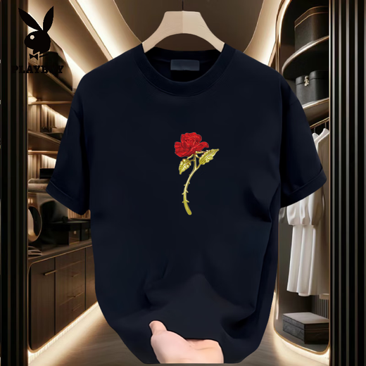 花花公子（PLAYBOY）不一样情侣装夏装t恤2025新款夏季超火网红纯棉特别的短袖上衣男 黑色【前大图K1049 单朵红玫瑰花 S 建议90-100斤
