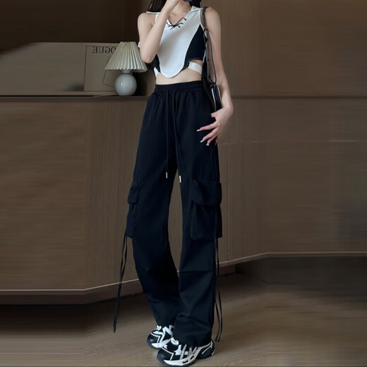 粉色工装裤女夏季薄2025新款高腰垂感降落伞速干休闲阔腿美式运动 蚂蚁-687【黑色】 3XL