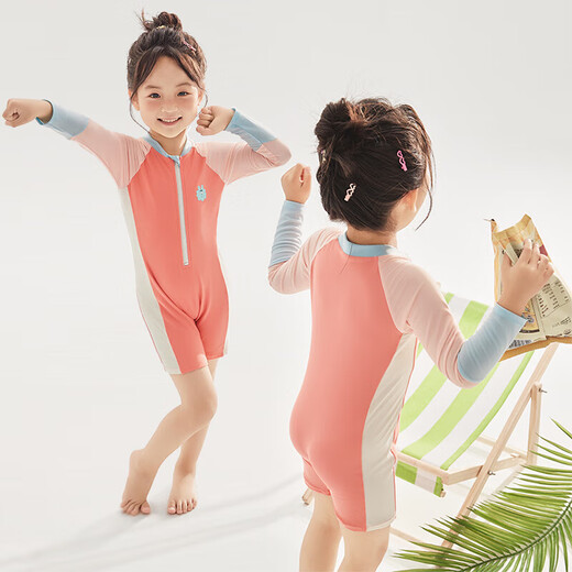 Manon Messiant children's swimsuit girls' and middle-aged children's swimsuit one-piece long-sleeved 2025 new sun protection quick-drying high-end sunset orange glow 100 100cm free swimming cap