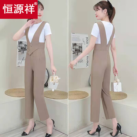 恒源祥背带裤套装女2025年夏季新款时尚洋气减龄高腰背带直筒裤两件套 黑色【两件套】 M 建议80-100斤