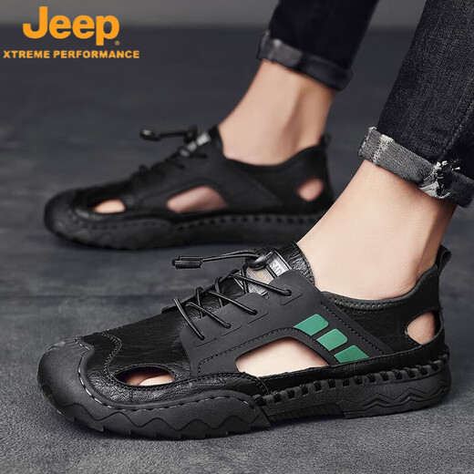 吉普（JEEP）凉鞋男2025年新款夏季男士外穿包头休闲防滑耐磨沙滩两用开车拖鞋 12033黑色 鸿运 39