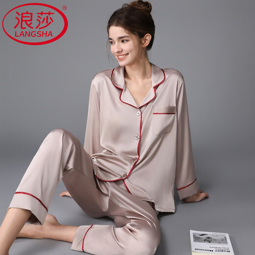 浪莎（LangSha）轻奢冰感女款睡衣冰长袖家居服女春秋款夏季新款真丝薄款 松绿3899 L (体重100斤到115斤)
