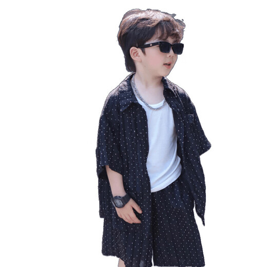 ZIPJBX男童夏季短袖衬衫套装2025闪钻中小童宝宝韩版洋气两件套潮酷 (上衣+裤子)二件套装 130 【身高126-13544-5