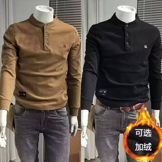 European station autumn and winter new handsome sweatshirt T men's trendy casual simple solid color embroidery trendy men's Henry collar long-sleeved T-shirt black plus velvet L