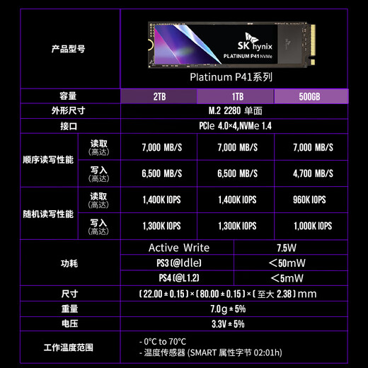 SK HYNIX SSD solid state drive P41 M.2 interface NVMe protocol PCIe4.0*4 desktop notebook PS5 game expansion e-sports AI computer accessories hard drive 2TB P41 high-end flagship + free cooling screw set