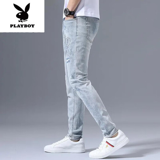 Playboy (Playboy) Летние растяжки для эластичных джинсов Мужские разорванные вышивающие вышива