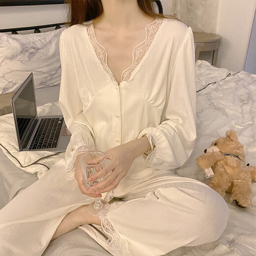 2025 Neue sexy Spitzen-Pyjamas für Frauen im Frühling und Herbst reines Baumwolldünne langärmeliger Anzug Palaststil Home Clothing 1048#Mint Green M.