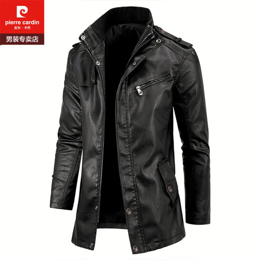Pierre Cardin leather jacket men's mid-length casual high-end trendy brand leather jacket coat handsome plus size motorcycle windbreaker black S 130-145Jin Jin is equal to 0.5 kg