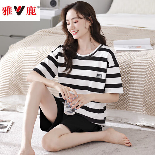 雅鹿2025年新款睡衣女夏季纯.棉短袖两件套夏天家居服 YZ9848黑条纹 M 女款 建议80-100斤