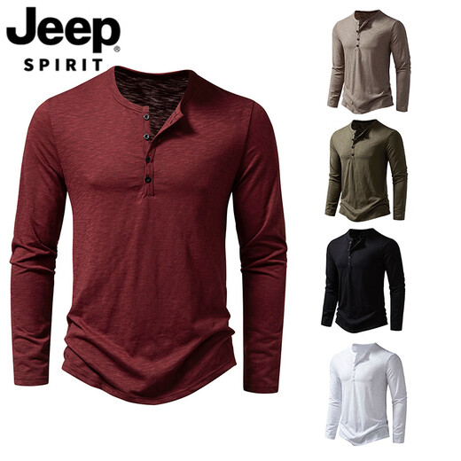 JEEP SPIRIT European and American commuter long-sleeved door tube collar T-shirt men's plus size plus size thin Henry collar T-shirt pullover bottoming shirt white S 110-140Jin Jin equals 0.5 kg