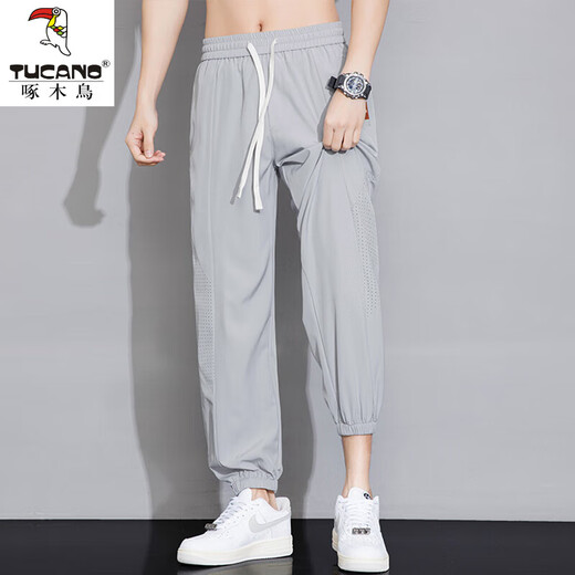 啄木鸟（TUCANO）冰丝裤子男夏季薄款潮流宽松束脚休闲长裤男青少年透气速干运动裤 1B27-BJZ983黑色 XL 约130-150斤可穿