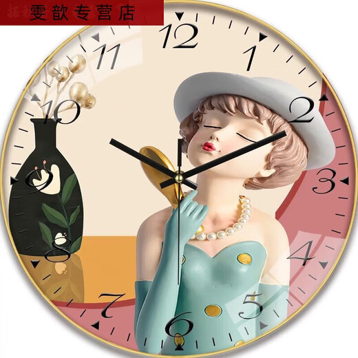 三栖虎钟表挂钟家用网红客厅表新款挂墙时钟时尚高颜值免打孔石英钟 6624调皮少女 14英寸(35厘米)曲面玻璃