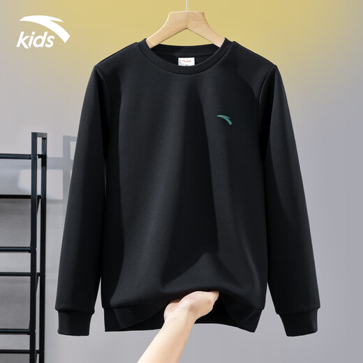 Anta children's fleece sweatshirt for men and women, middle and large children 25 autumn and winter new style youth loose cotton skin-friendly long-sleeved top black early autumn hot sale 160 cm