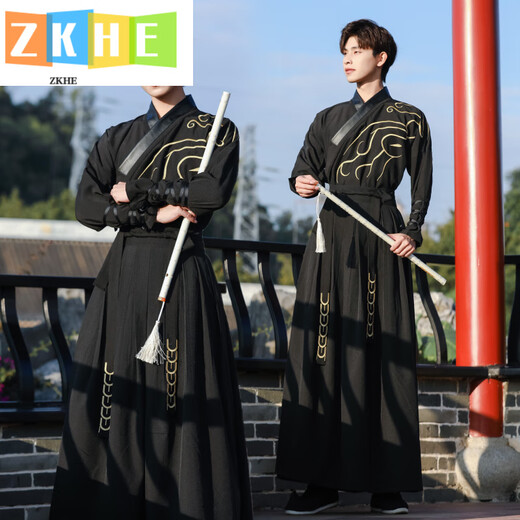 ZKHE汉服男装刺绣中国风武侠剑客帅气公子学生班服套装 897黑色渐变套装 S