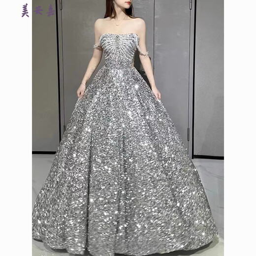 Mei'anjia Starry Sky Sequin Evening Dress Feeling Light Luxury Temperament Annual Meeting Host Engagement Wedding Wedding Toast Clothes Bride Silver Sequin S