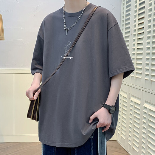 叮噜鱼宽松男士短袖重磅T恤男夏季港风上衣服凉感透气青少年五分半袖男t 3899粉红 M (约120-140斤可穿)