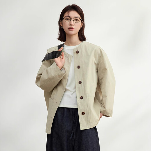 罗蒙（ROMON）外套女简约韩系全棉风衣2025春秋季新款廓形小个子中长款大衣外套 卡其 均码