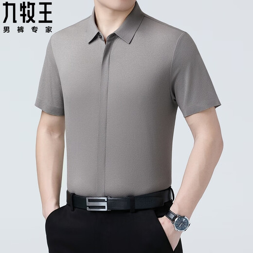 Joeone Men's Clothing, camisa de seda de mulberry, camisa de seda de seda de miocardio de mediana edad de manga corta de manga corta sin hierro oscuro 6913# Grey Green Thin Style S 165/84a Peso 95-115Jin [Jin equivale a 0.5 kg]
