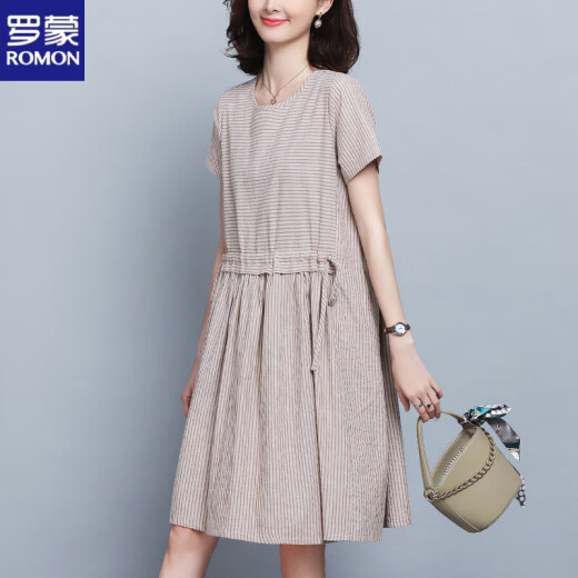 罗蒙（ROMON）棉条纹仿麻连衣裙女夏2025新款 宽松显瘦a字裙系带休闲中长裙子 粉色 M 85-100
