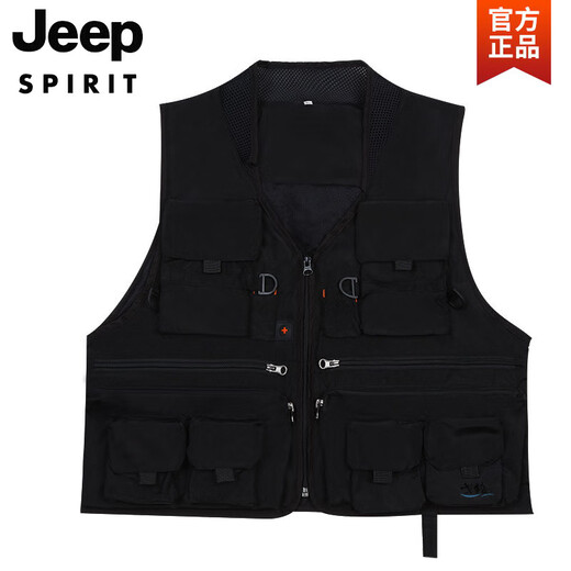 JEEP SPIRIT Workwear Vest Men's Outdoor Sports Most Pockets Photography Fishing Overalls Tactical Running Tools Vest Black 4XL
