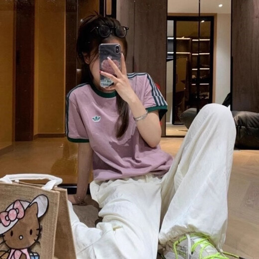 阿迪达斯 （adidas）经典复古刺绣条纹紫罗兰休闲圆领短袖T恤女 DU9893 紫罗兰 du9893 M