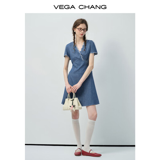 
VEGA CHANG denim dress for women 2025 new summer small V-neck lace lace slim vacation style waist-hugging skirt Bay blue (short style) M