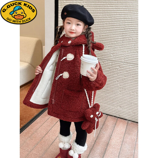 G.DUCKKIDS Mädchen-Lammwolljacke Herbst und Winter 2024, neuer Baby-Stil, plus samtverdickter Kinderpelzmantel, Winter, Angorarot, inklusive Tasche, 110 cm