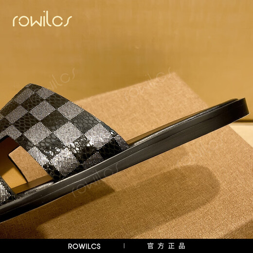 rowilcs品牌新款男士牛皮拖鞋夏季外穿软底大码休闲室外一字凉拖时尚舒适 黑色 38