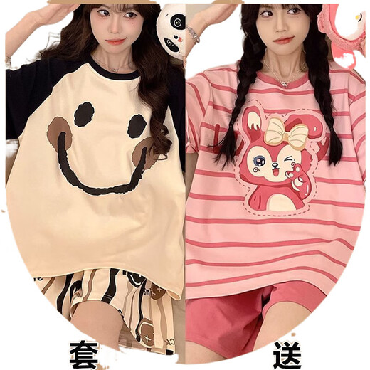UKUHPK睡衣卡皮巴拉短袖女生圆领夏季薄款高颜值甜美居家服套装2025 693黑笑脸+694卡皮巴拉 M 【80-98斤】