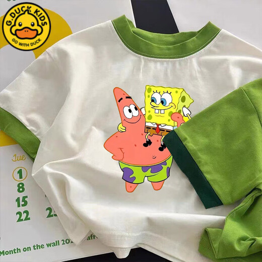 G.DUCKKIDS男童女童纯棉短袖T恤夏季新款卡通海绵宝宝半袖儿童洋气上衣t 673绿色【派大星抱 海绵宝宝】 120