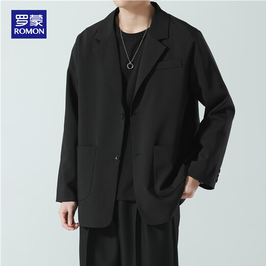 ROMON suit men's spring and autumn trendy loose lapel business single suit casual small suit jacket black XL