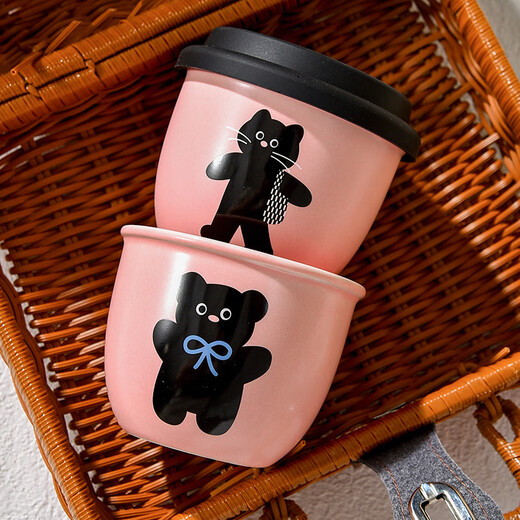 UOSO pink hand-held coffee cup casual cup for girls' best friend cute hand warmer cup small ceramic with lid reinforced porcelain can be heated in microwave lying flat cat small capacity 245ml
