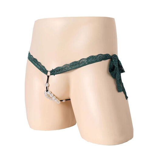 Men's sexy lace pearl underwear, men's thong pants with beads, low-waist hollow breathable T-string pants, black, one-size-fits-all, adjustable straps