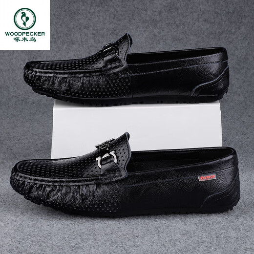 Woodpecker hollow beans shoes for men, new summer breathable men imitation leather business casual leather shoes men's leather sandals MT9905a-black 38