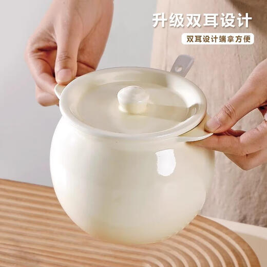 TYZAYR Japanese lard jar kitchen household high temperature resistant ceramic spoon with lid filter red oil filled with meat oil and chili oil 1400ml milky white lard jar comes with long handle spoon anti-scalding ears thick porcelain high temperature calcining