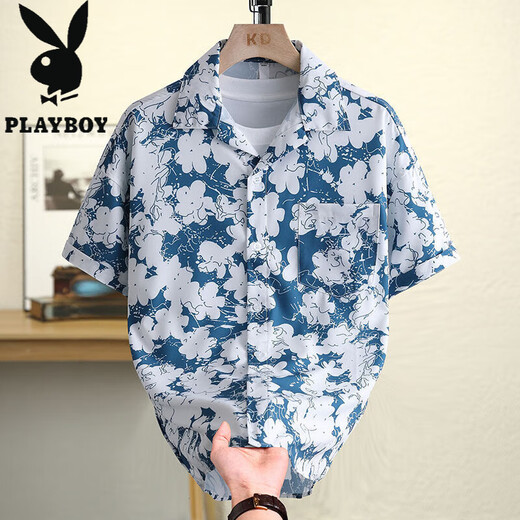 花花公子（PLAYBOY）夏威夷花衬衫短袖男夏季冰丝薄款沙滩情侣休闲衬衣 6636太湖绿 XL